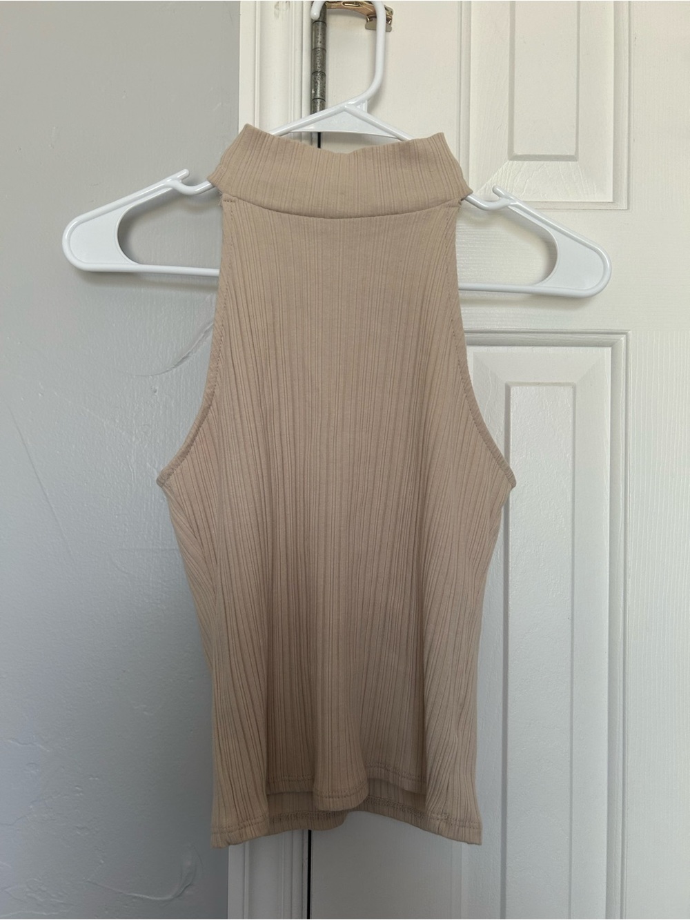 Sadie & Sage Sleeveless Ribbed Cropped Mock Neck Tank - Beige